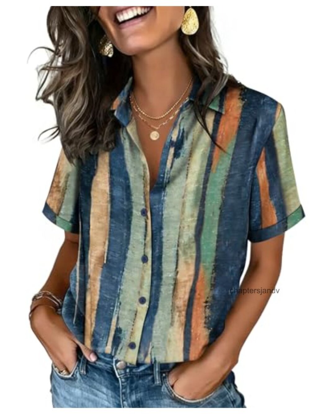 Women's Short Sleeve Button Down Blouse, Dressy Casual V-Neck Shirt with